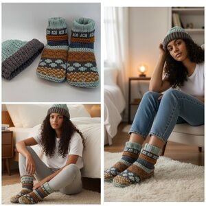 Oh So Comfy Warm Winter fuzzy inside House Slippers with handmade crochet bogan